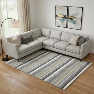 HomeRoots 9' X 12' Striped Gray Gold Ivory Area Rug - Washable, UV Protected, Durable & Stylish for Any Space! 669918