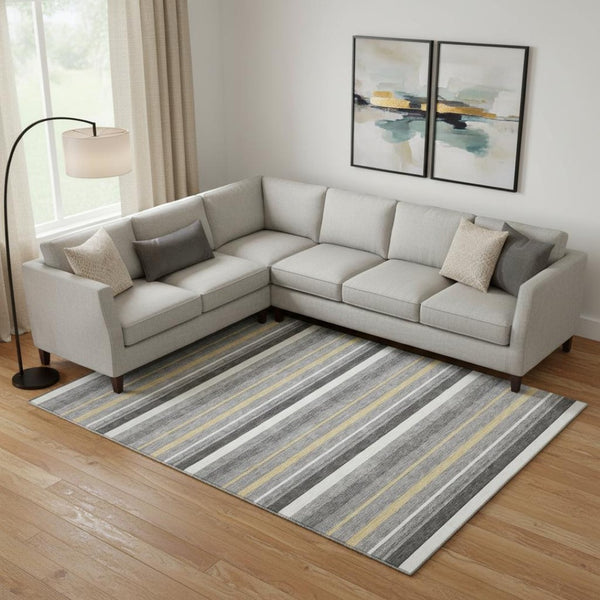 HomeRoots 9' X 12' Striped Gray Gold Ivory Area Rug - Washable, UV Protected, Durable & Stylish for Any Space! 669918