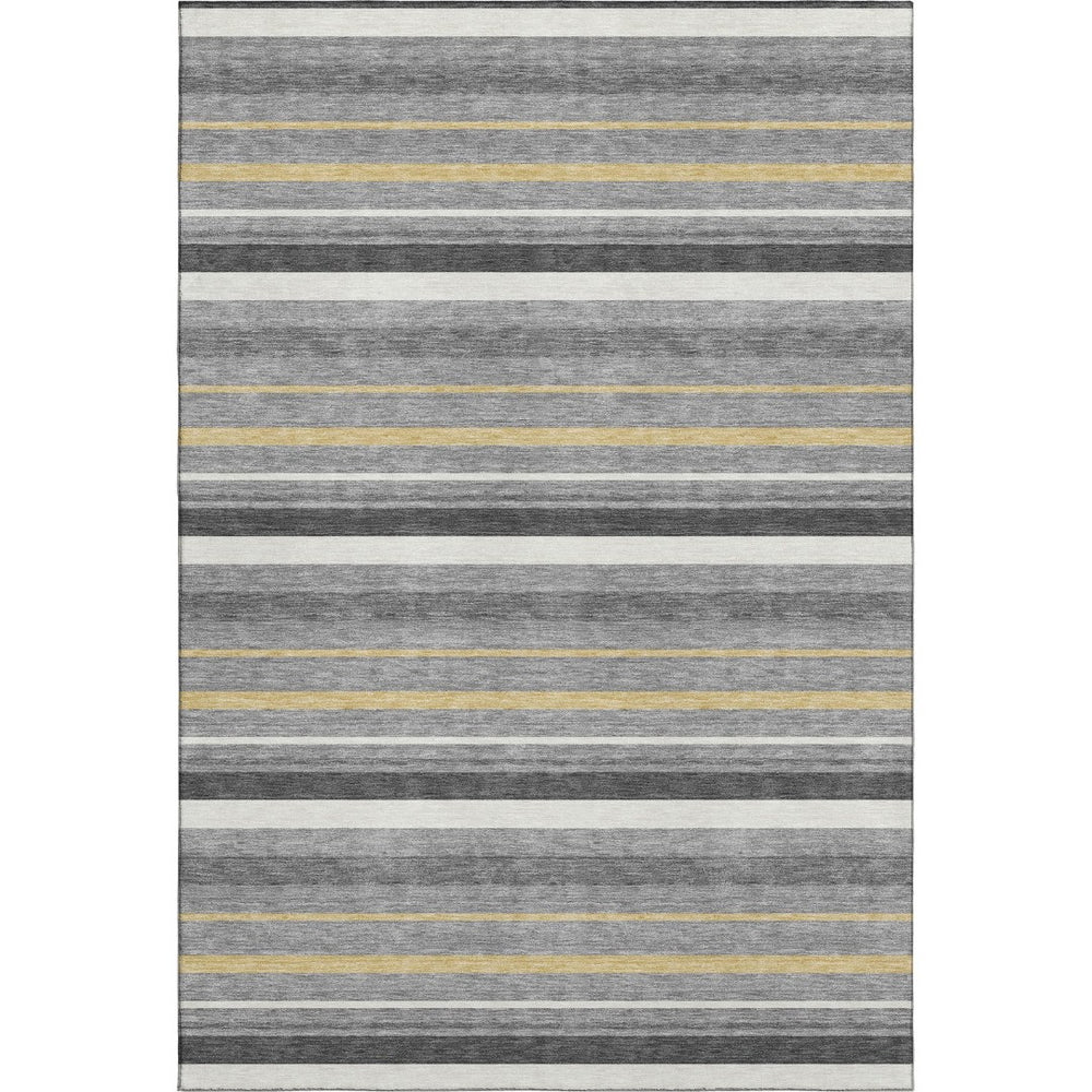 HomeRoots 9' X 12' Striped Gray Gold Ivory Area Rug - Washable, UV Protected, Durable & Stylish for Any Space! 669918