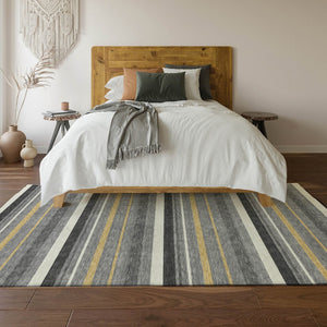 HomeRoots 9' X 12' Striped Gray Gold Ivory Area Rug - Washable, UV Protected, Durable & Stylish for Any Space! 669918