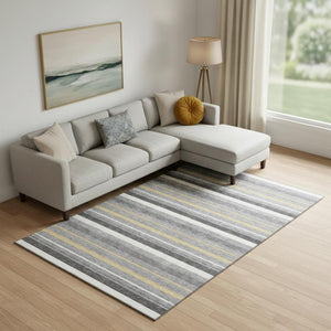 HomeRoots 10' Gray, Gold & Ivory Striped Washable Area Rug - Durable, UV Protected & Stain Resistant Design! 669919