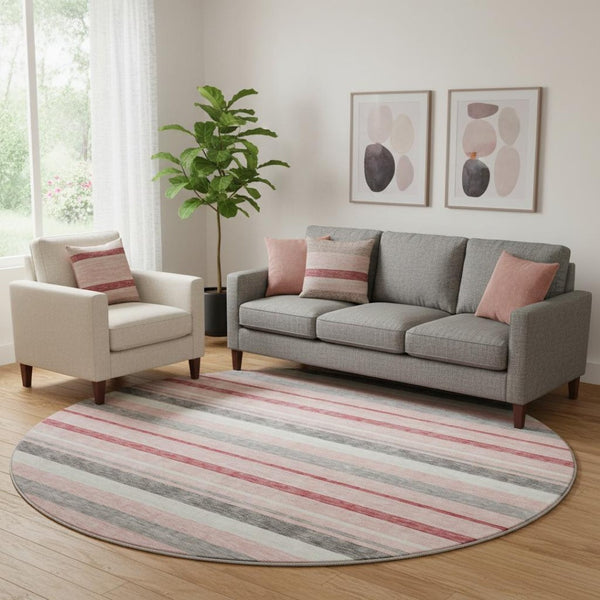 HomeRoots 8' Pink Ivory and Gray Striped Round Rug - Washable, UV Protected, Stylish for Any Space! 669922