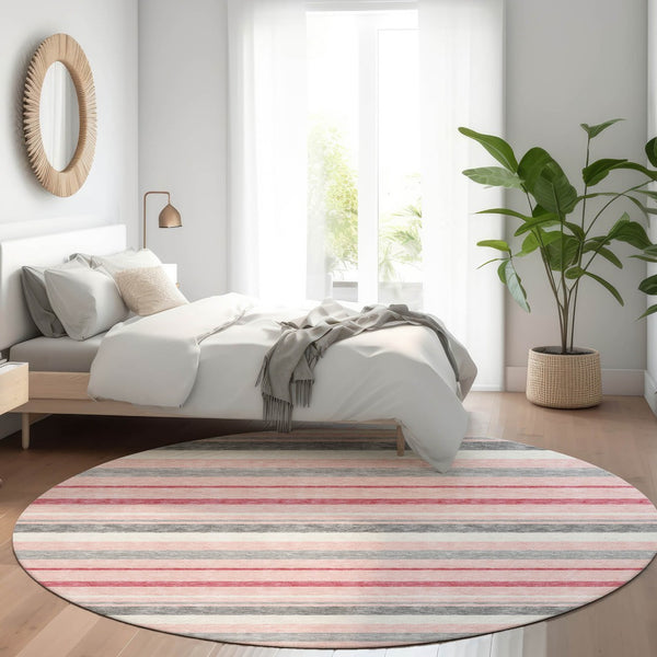 HomeRoots 8' Pink Ivory and Gray Striped Round Rug - Washable, UV Protected, Stylish for Any Space! 669922