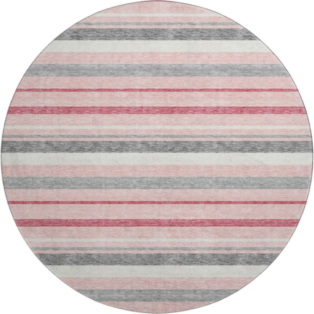 HomeRoots 8' Pink Ivory and Gray Striped Round Rug - Washable, UV Protected, Stylish for Any Space! 669922