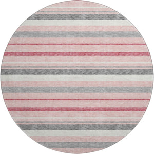 HomeRoots 8' Pink Ivory and Gray Striped Round Rug - Washable, UV Protected, Stylish for Any Space! 669922