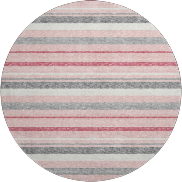 HomeRoots 8' Pink Ivory and Gray Striped Round Rug - Washable, UV Protected, Stylish for Any Space! 669922