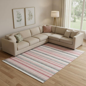 HomeRoots 8' X 10' Contemporary Pink, Ivory & Gray Striped Area Rug - Washable, Stain-Resistant, UV Protected! 669923