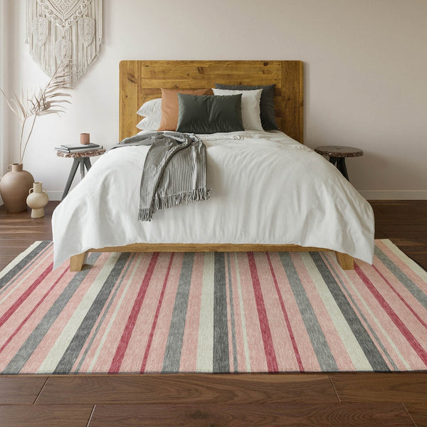 HomeRoots 8' X 10' Contemporary Pink, Ivory & Gray Striped Area Rug - Washable, Stain-Resistant, UV Protected! 669923