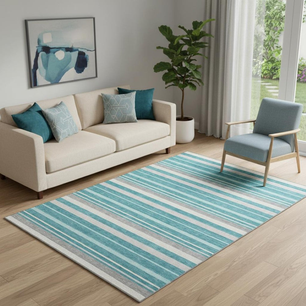 HomeRoots 5' X 8' Striped Teal Ivory and Gray Washable Area Rug - UV Protection & Stain-Resistant Design! 669927