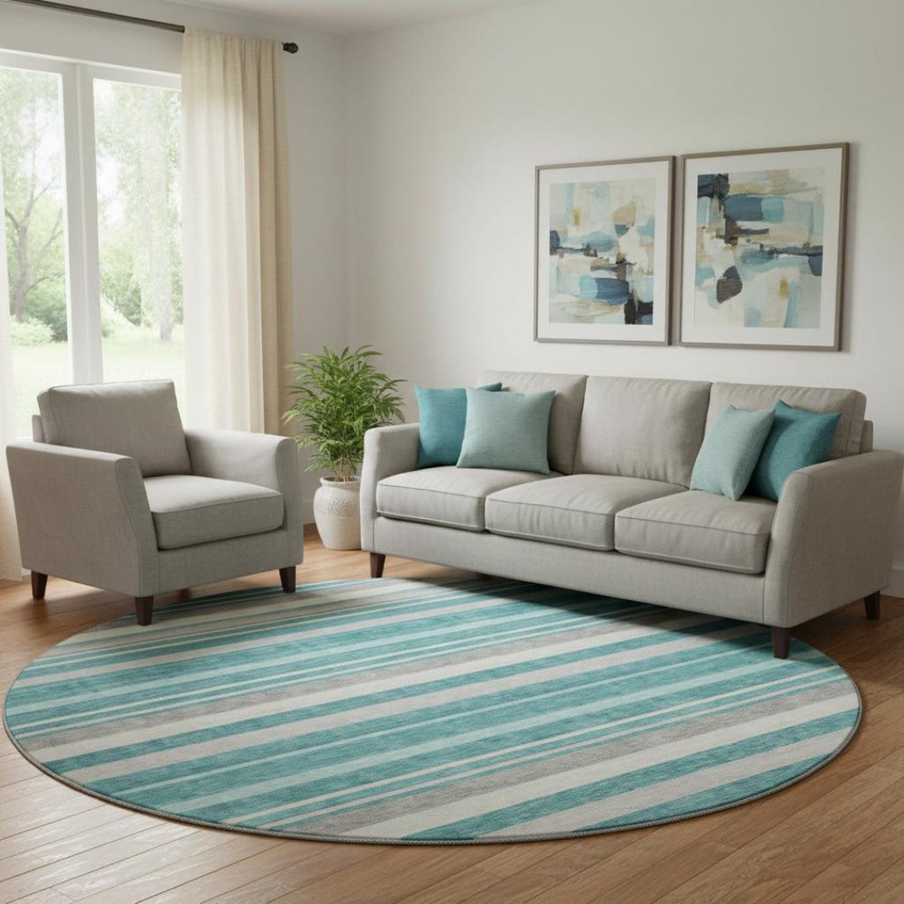 HomeRoots 8' Washable Teal, Ivory & Gray Striped Round Rug with UV Protection for Stylish, Durable Spaces 669928