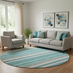 HomeRoots 8' Washable Teal, Ivory & Gray Striped Round Rug with UV Protection for Stylish, Durable Spaces 669928