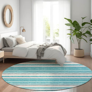 HomeRoots 8' Washable Teal, Ivory & Gray Striped Round Rug with UV Protection for Stylish, Durable Spaces 669928