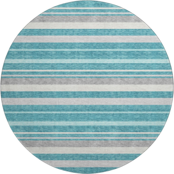 HomeRoots 8' Washable Teal, Ivory & Gray Striped Round Rug with UV Protection for Stylish, Durable Spaces 669928