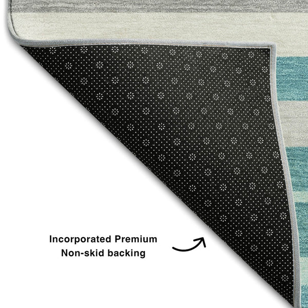 HomeRoots 8' Washable Teal, Ivory & Gray Striped Round Rug with UV Protection for Stylish, Durable Spaces 669928