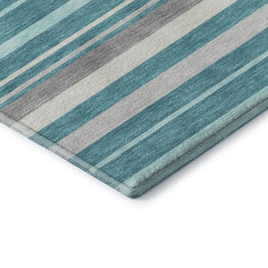 HomeRoots 8' Washable Teal, Ivory & Gray Striped Round Rug with UV Protection for Stylish, Durable Spaces 669928