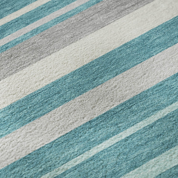 HomeRoots 8' Washable Teal, Ivory & Gray Striped Round Rug with UV Protection for Stylish, Durable Spaces 669928