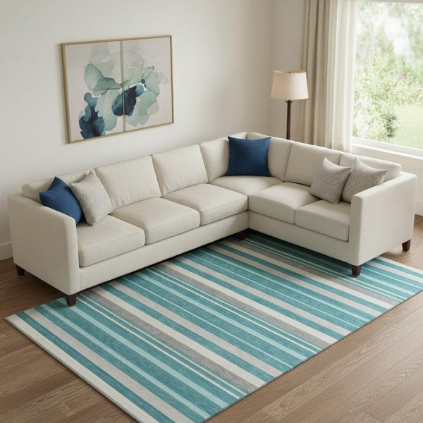 HomeRoots 8' X 10' Modern Teal, Ivory, and Gray Striped Washable Area Rug with UV Protection & Easy Care 669929
