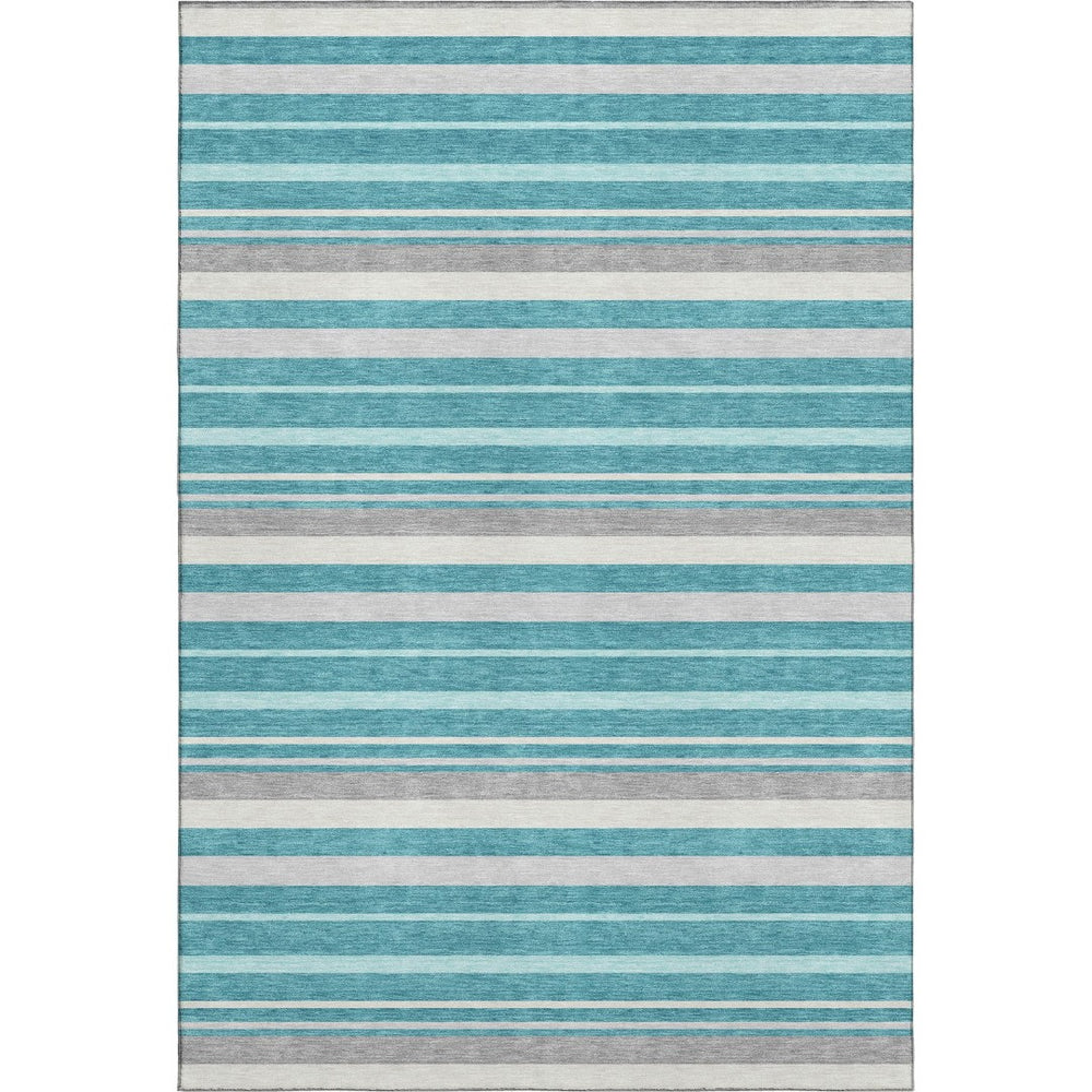 HomeRoots 8' X 10' Modern Teal, Ivory, and Gray Striped Washable Area Rug with UV Protection & Easy Care 669929