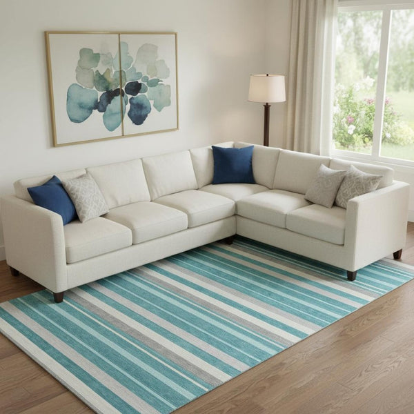 HomeRoots 9' X 12' Stylish Teal, Ivory & Gray Striped Washable Area Rug with UV Protection for Busy Homes 669930