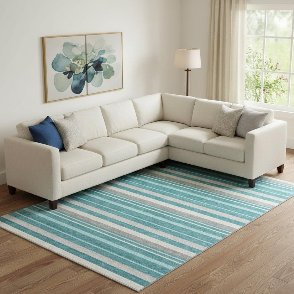 HomeRoots 10' X 14' Teal Ivory Gray Striped Area Rug - Durable, Washable, UV-Protected for Stylish Living Spaces 669931