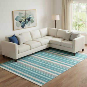 HomeRoots 10' X 14' Teal Ivory Gray Striped Area Rug - Durable, Washable, UV-Protected for Stylish Living Spaces 669931