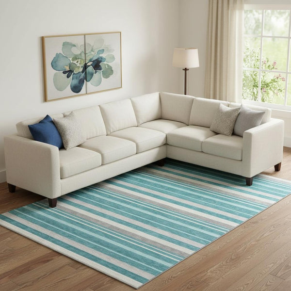 HomeRoots 10' X 14' Teal Ivory Gray Striped Area Rug - Durable, Washable, UV-Protected for Stylish Living Spaces 669931