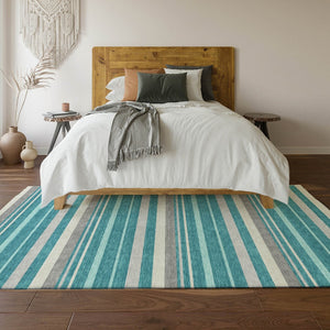 HomeRoots 10' X 14' Teal Ivory Gray Striped Area Rug - Durable, Washable, UV-Protected for Stylish Living Spaces 669931