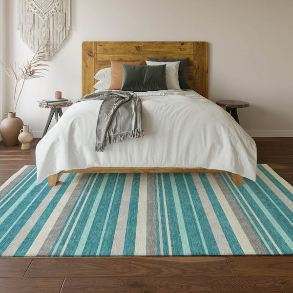 HomeRoots 10' X 14' Teal Ivory Gray Striped Area Rug - Durable, Washable, UV-Protected for Stylish Living Spaces 669931