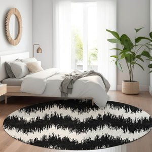 HomeRoots 8' Black And Ivory Chevron Round Rug - Washable, UV Protected, Durable Design for Active Homes 669934