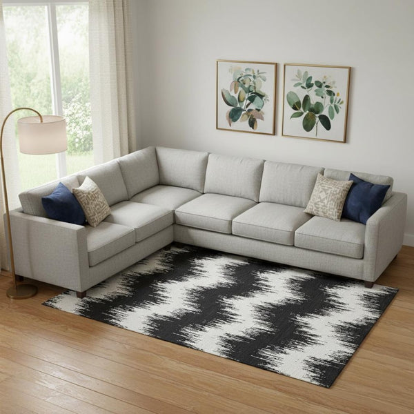 HomeRoots 10' X 14' Black And Ivory Chevron Area Rug - Washable, UV Protected, Stain-Resistant, Durable Design 669937