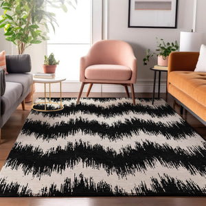 HomeRoots 10' X 14' Black And Ivory Chevron Area Rug - Washable, UV Protected, Stain-Resistant, Durable Design 669937