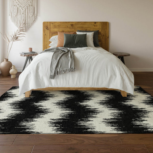 HomeRoots 10' X 14' Black And Ivory Chevron Area Rug - Washable, UV Protected, Stain-Resistant, Durable Design 669937