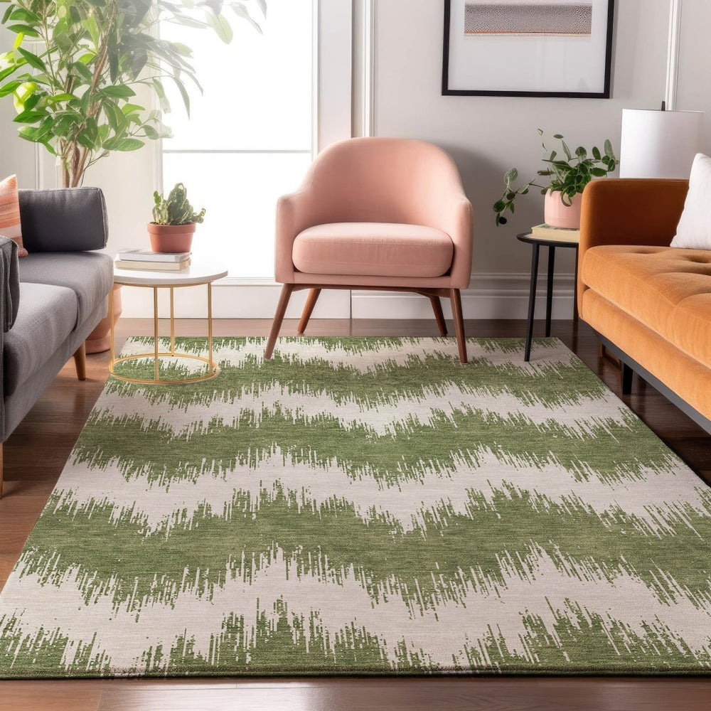 HomeRoots 9' X 12' Green Chevron Washable Area Rug with UV Protection - Durable, Stylish, and Easy to Clean! 669960