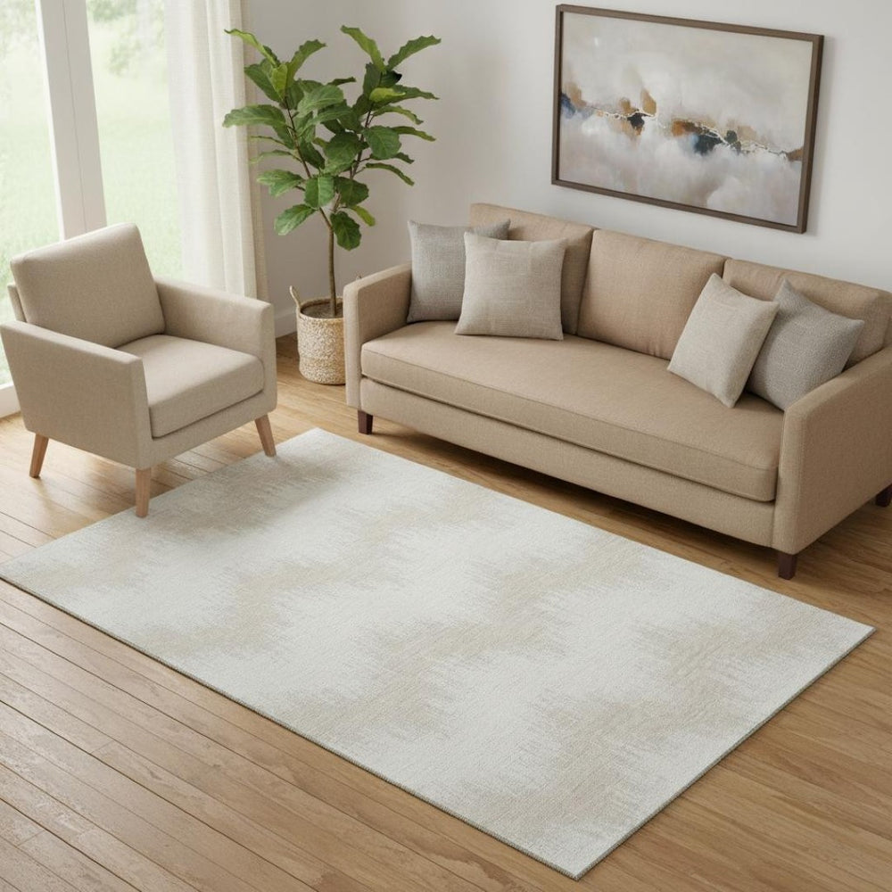 HomeRoots 5' Ivory and Beige Chevron Area Rug - Washable, UV Protected, Stain-Resistant for High-Traffic Zones 669963