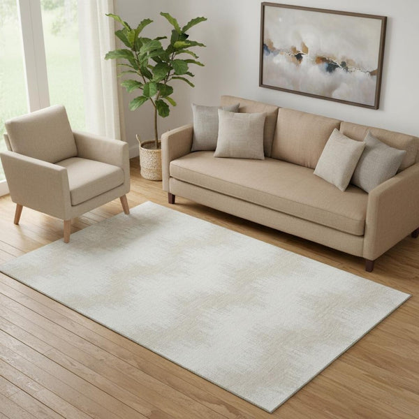 HomeRoots 5' Ivory and Beige Chevron Area Rug - Washable, UV Protected, Stain-Resistant for High-Traffic Zones 669963