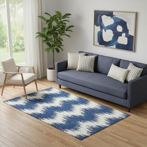 HomeRoots 5' X 8' Navy Blue Chevron Area Rug - Washable, UV Protected, Stain-Resistant for High-Traffic Homes 669969