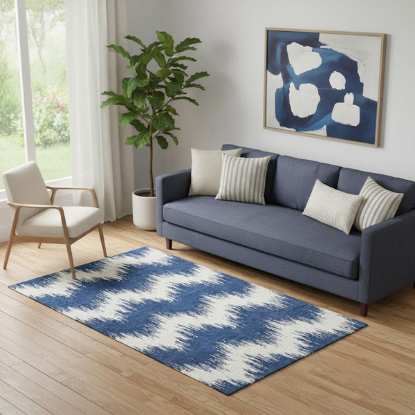 HomeRoots 5' X 8' Navy Blue Chevron Area Rug - Washable, UV Protected, Stain-Resistant for High-Traffic Homes 669969