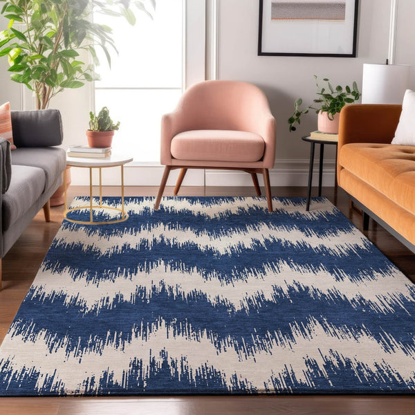 HomeRoots 5' X 8' Navy Blue Chevron Area Rug - Washable, UV Protected, Stain-Resistant for High-Traffic Homes 669969