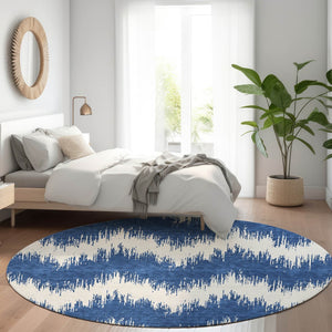 HomeRoots 8' Navy Blue & Ivory Chevron Round Rug - Stain Resistant, UV Protected, Easy-Care Design for Homes 669970