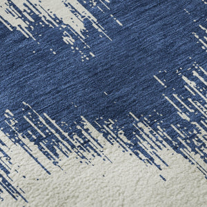 HomeRoots 8' Navy Blue & Ivory Chevron Round Rug - Stain Resistant, UV Protected, Easy-Care Design for Homes 669970
