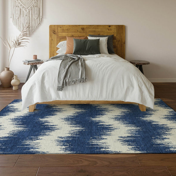 HomeRoots 8' X 10' Navy Blue and Ivory Chevron Area Rug - Stylish, Washable, UV Protected for Everyday Living 669971