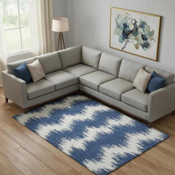 HomeRoots 9' X 12' Navy Blue & Ivory Chevron Area Rug - Washable, UV Protected, Ideal for High-Traffic Spaces 669972