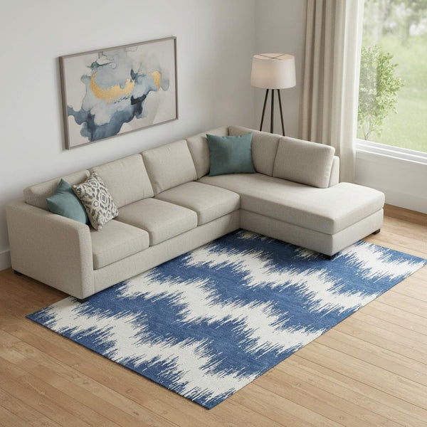 HomeRoots 10' X 14' Navy Blue Chevron Area Rug - Washable, UV Protected, Stain Resistant for High-Traffic Spaces 669973