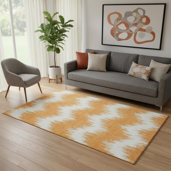 HomeRoots 5' X 8' Orange and Ivory Chevron Washable Area Rug – Durable, UV-Protected, Stylish for Homes & Pets 669975
