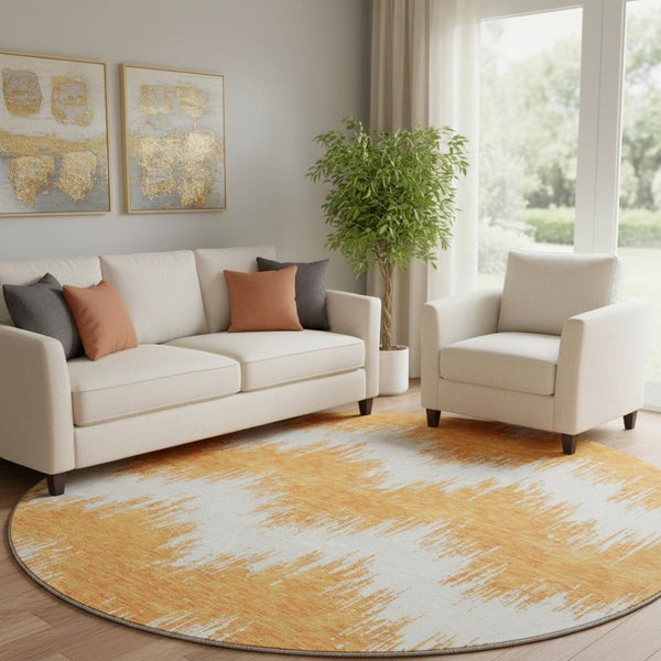 HomeRoots 8' Orange And Ivory Chevron Round Rug - Durable, Washable, UV-Protected for High-Traffic Spaces 669976