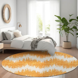 HomeRoots 8' Orange And Ivory Chevron Round Rug - Durable, Washable, UV-Protected for High-Traffic Spaces 669976