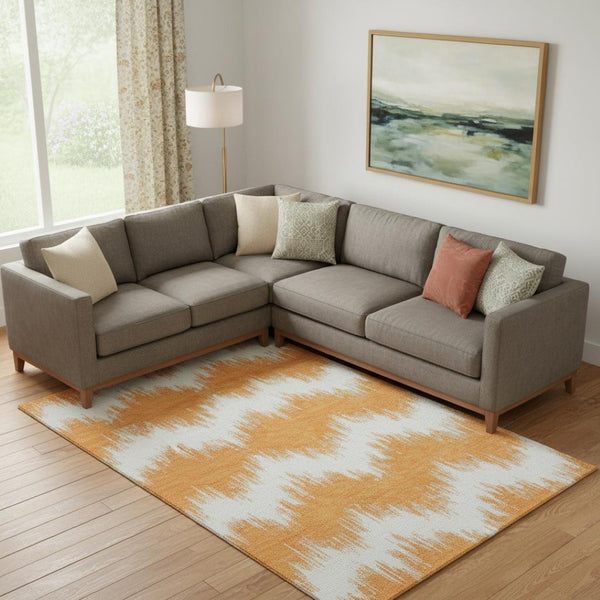 HomeRoots 8' X 10' Orange And Ivory Chevron Area Rug – Washable, UV Protected, Stain Resistant for High Traffic Areas 669977