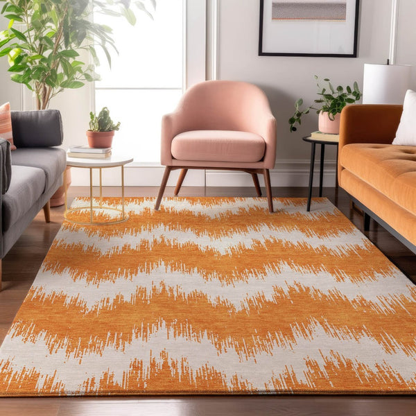 HomeRoots 10' X 14' Orange Chevron Area Rug - Stylish, Stain-Resistant, UV-Protected for Modern Homes 669979