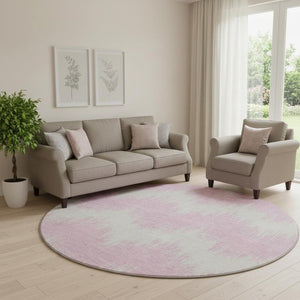 HomeRoots 8' Pink And Ivory Chevron Round Rug - Washable, Stain-Resistant, UV Protected for Modern Homes 669982