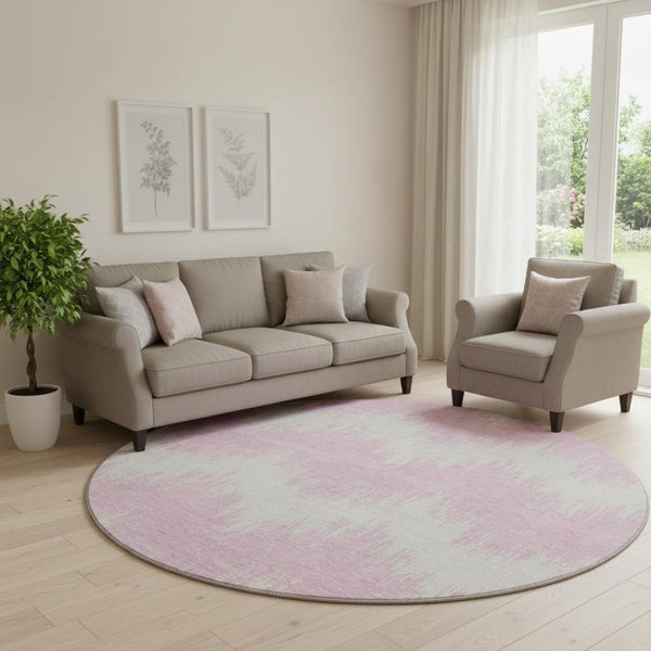 HomeRoots 8' Pink And Ivory Chevron Round Rug - Washable, Stain-Resistant, UV Protected for Modern Homes 669982